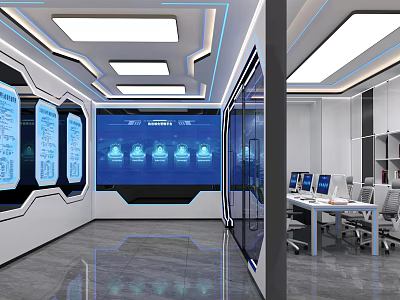 Modern Control Room with Blue Digital Screens Workstations and Glowing Lights 3d model