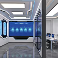 Modern Control Room with Blue Digital Screens Workstations and Glowing Lights