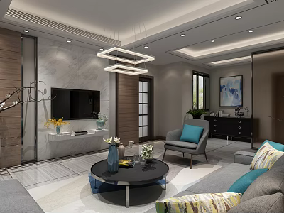 Modern Living Room Interior With Hanging Chandelier Marble TV Wall Gray Sofa And Coffee Table 3d model