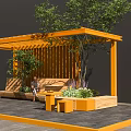 Outdoor Garden Feature With Orange Pergola Bench Planter Boxes And Green Plants