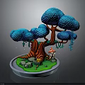 Miniature Plant Landscape With Blue Canopy Red Trunk Mushroom Green Grass And Stones