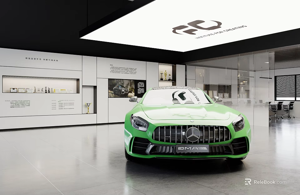 4S Auto Dealership Modern Showroom Displaying Green Mercedes AMG Sports Car 3d model 