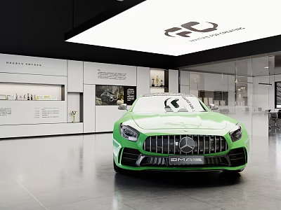 4S Auto Dealership Modern Showroom Displaying Green Mercedes AMG Sports Car 3d model