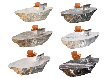 Front Desk Reception With Natural Rock Design Laptop And Orange Chair Interior 3d model