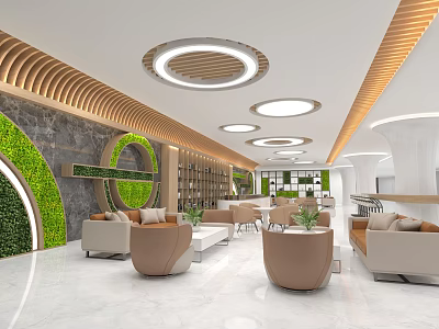 Modern Leisure Area Interior With Comfortable Sofas Green Plant Wall Round Pendant Lights And Wooden Decorations 3d model