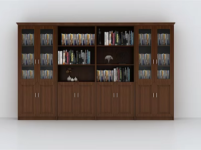 Dark Brown Wooden Bookcase With Glass Doors Multiple Compartments And Filled With Books 3d model