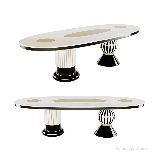 Elegant Oval Dining Table With Decorative Black And White Column Legs Design 3d model 