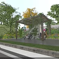 Outdoor Pergola With Climbing Vines Green Trees Colorful Foliage And Seating Area