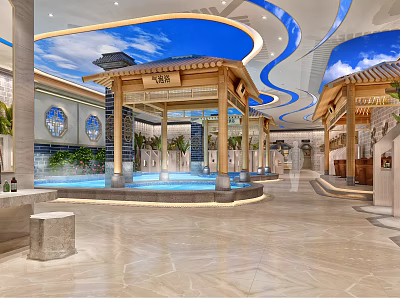 Luxury SPA Sauna Interior With Chinese style Pavilion Blue Sky Ceiling And Marble Floor Design 3d model