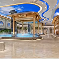 Luxury SPA Sauna Interior With Chinese style Pavilion Blue Sky Ceiling And Marble Floor Design