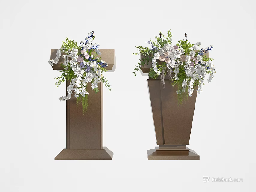 Brown Podium With White And Purple Floral Arrangements For Events 3d model 