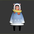Cute Cartoon Character Wearing Blue Coat With Cat Ear Hat And Yellow Red Scarf