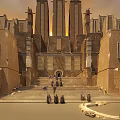 Game Movie Characters in Robes with Cross Symbols Standing by Stone Steps and Flags