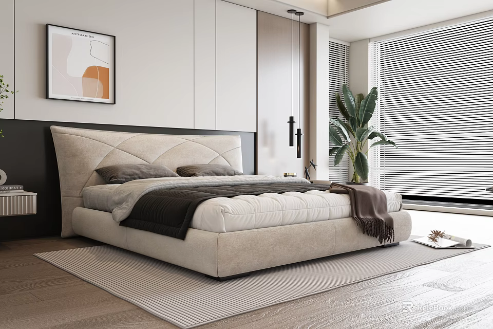 Modern Bedroom Interior With Upholstered Headboard Wall Art Potted Plant Window Blinds And Area Rug 3d model 