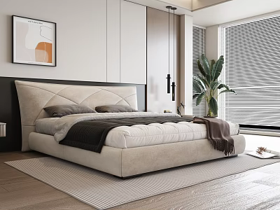 Modern Bedroom Interior With Upholstered Headboard Wall Art Potted Plant Window Blinds And Area Rug 3d model