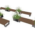 Outdoor Landscape Seats Wooden Benches With Potted White Flower Plants For Garden Park Decoration