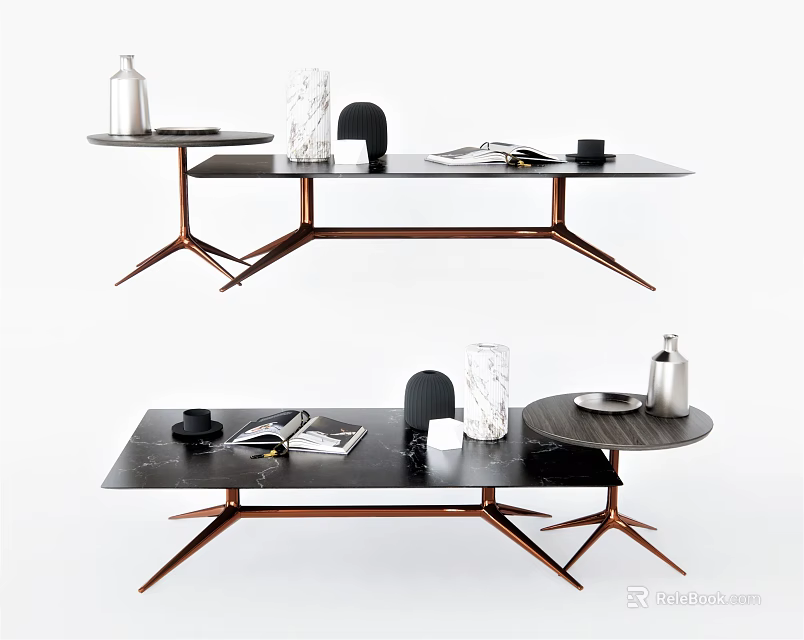 Modern Black Marble Coffee Table With Metal Legs Rectangular Round Top And Vase Magazines Tray 3d model