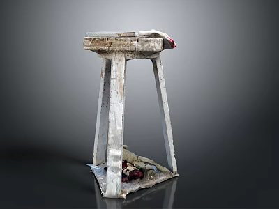 Old White Worn Stool With Broken Seat And Debris Under Dark Background 3d model