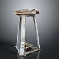 Old White Worn Stool With Broken Seat And Debris Under Dark Background