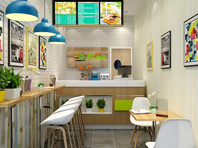 Milk Tea Shop Interior Design With Blue Pendant Lights Menu Screens And Brick Wall 3d model