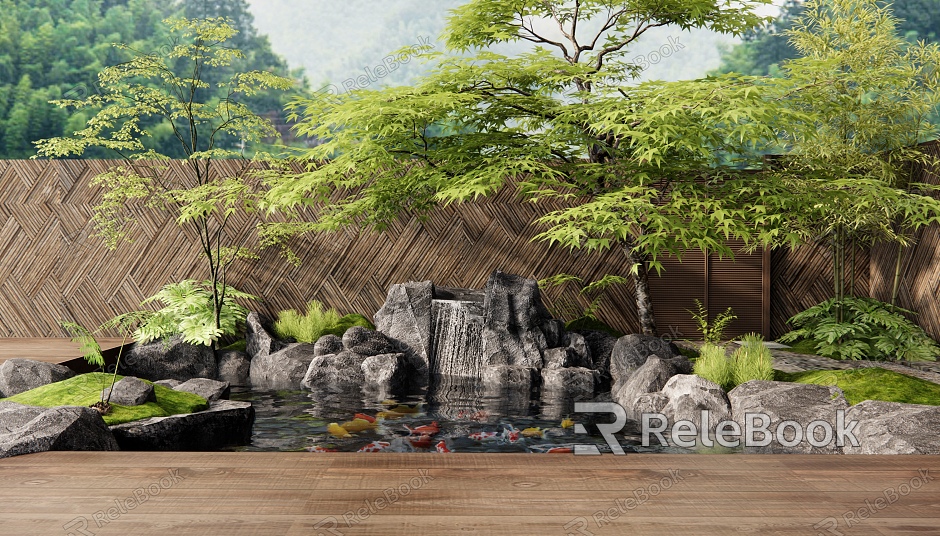 Japanese-style rockery waterscape courtyard landscape stacked water stone fish pond landscape tree plant landscape wall model