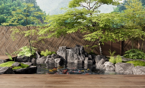 Japanese-style rockery waterscape courtyard landscape stacked water stone fish pond landscape tree plant landscape wall 3d model