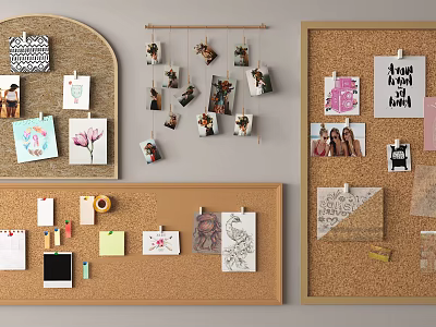 Wall Mounted Cork Boards Decorated With Photos Notes Drawings And Cards 3d model