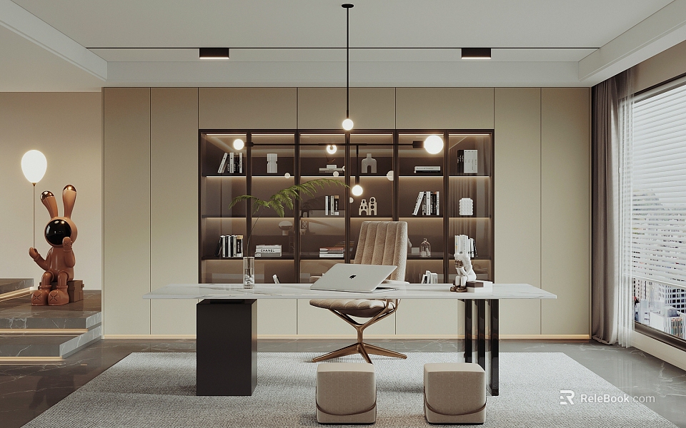 Modern Study Room Interior With Large Writing Desk Open Bookshelves Pendant Light And Ergonomic Chair 3d model 