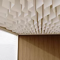 Modern White Geometric Ceiling Drapery Design With Wooden Wall And Window Blinds