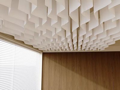 Modern White Geometric Ceiling Drapery Design With Wooden Wall And Window Blinds 3d model