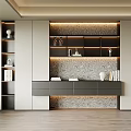 Modern Built in Bookcase Design With LED Lighting Marble Accent Wall And Decorative Books