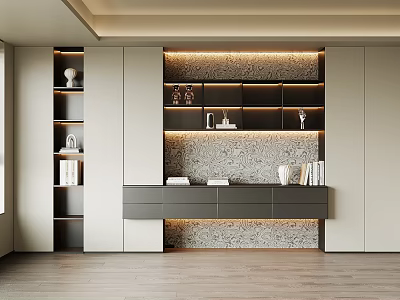 Modern Built in Bookcase Design With LED Lighting Marble Accent Wall And Decorative Books 3d model