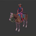 Cowboy In Red Shirt And Orange Hat Riding Brown Horse With Saddle And White Hooves