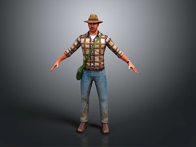Man In Plaid Shirt With Green Bag Jeans And Brown Shoes Standing With Outstretched Arms 3d model