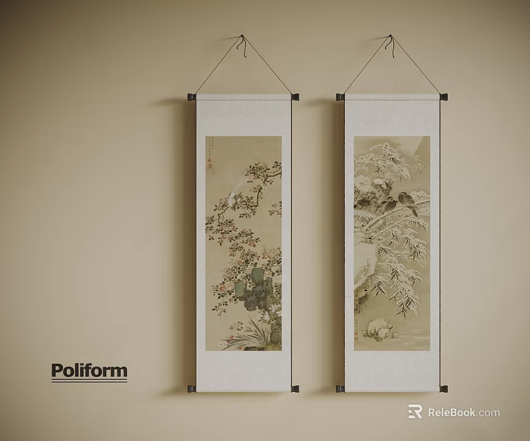 Poliform Flower And Bird Scroll Landscape Paintings With White Borders Black Hooks 3d model