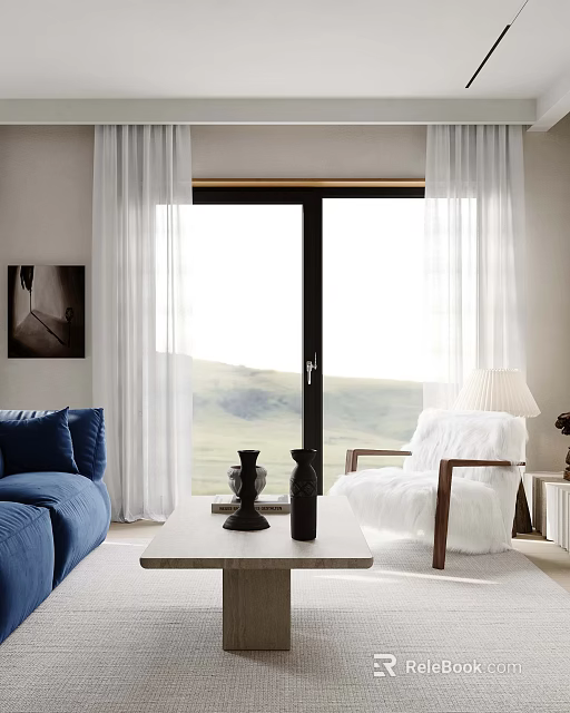 Blue Sofa Coffee Table Set With Two Black Vases White Chair Curtains And Outside View 3d model 