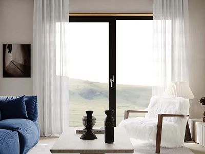 Blue Sofa Coffee Table Set With Two Black Vases White Chair Curtains And Outside View 3d model