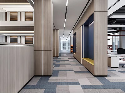 Modern Office Corridor Interior Design With Wooden Panels Carpeted Flooring And Ceiling Lighting 3d model