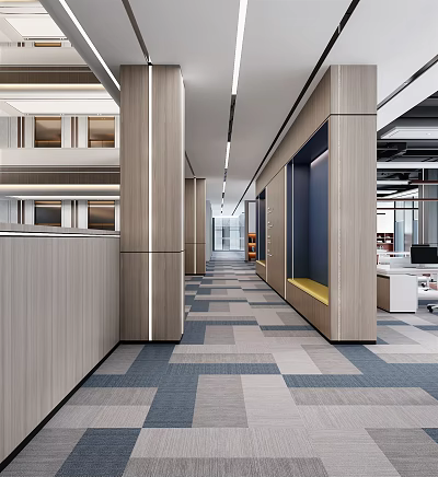 Modern Office Corridor Interior Design With Wooden Panels Carpeted Flooring And Ceiling Lighting 3d model
