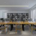 Public Office Space Interior Design with Long Wooden Table Yellow Chairs Bookshelves and Green Plants