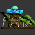 Cartoon Scene with Blue Mushrooms Green Clover Leaves and Small Water Stream on Brown Base