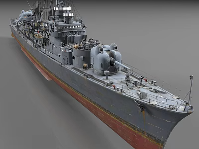 Gray Military Warship With Red Bottom Turret Antenna And Deck Equipment 3d model