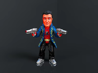 Action Doll Figure In Blue Jacket Red Shirt Holding Two Guns Standing Pose 3d model