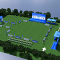 Outdoor Event Entrance With Green Lawn Blue Tents Seating And Tree Surroundings