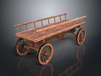 Vintage Wooden Cart Featuring Railings and Spoked Wheels on Reflective Surface 3d model