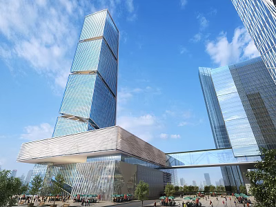 Modern High Rise Office Building Featuring Glass Curtain Wall Connecting Bridge Plaza Pedestrians And Greenery 3d model
