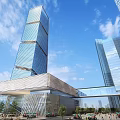 Modern High Rise Office Building Featuring Glass Curtain Wall Connecting Bridge Plaza Pedestrians And Greenery