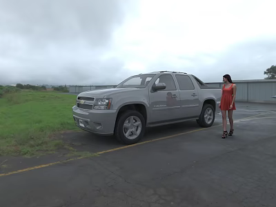 Silver Chevrolet SUV Parked In Parking Lot With Woman In Red Dress Standing Nearby 3d model