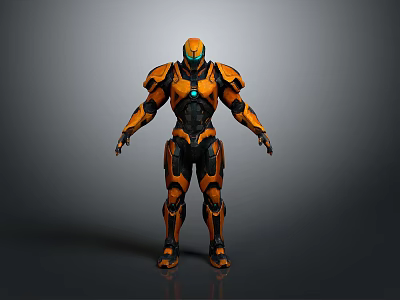 Orange Black Armored Sci Fi Warrior Character With Glowing Blue Chest 3d model