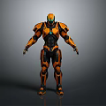 Orange Black Armored Sci Fi Warrior Character With Glowing Blue Chest